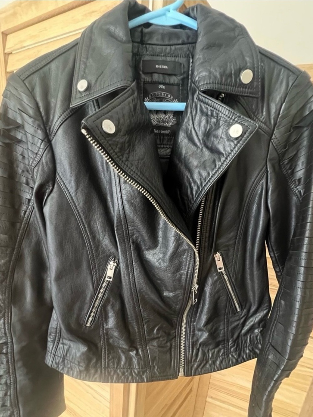 Diesel Black Leather Asymmetrical Zip Moto Jacket